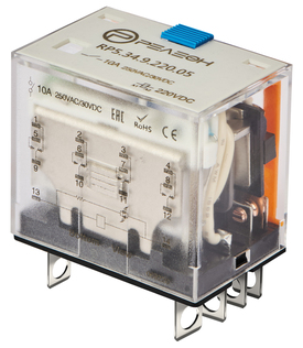 Миниатюрное силовое реле; 4 перекидных контакта 10А (= 220В DC) блокируемая кнопка проверки + светодиод