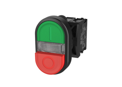 Двухпозиционный кнопочный переключатель с подсветкой, 12V, AC/DC, плоский верх, выпуклый низ, красн./зел.